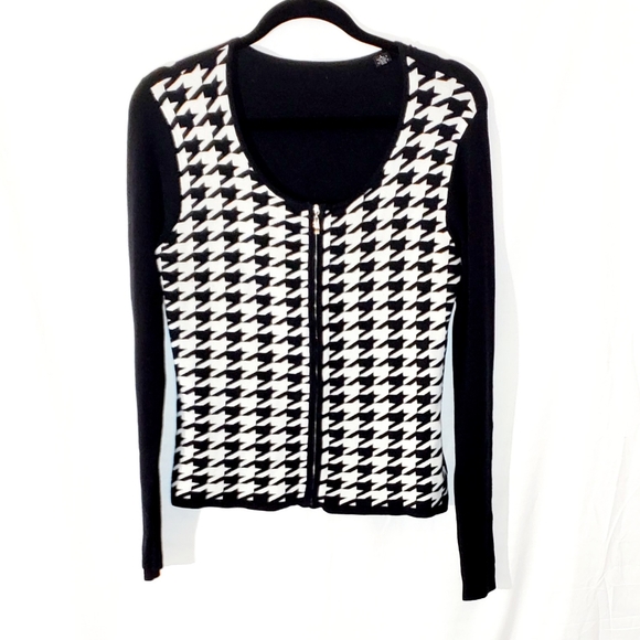 Vintage Sweaters - ❗️ Vintage Stretch Knit Houndstooth Zip Up Stretchy Sweater Large Black White